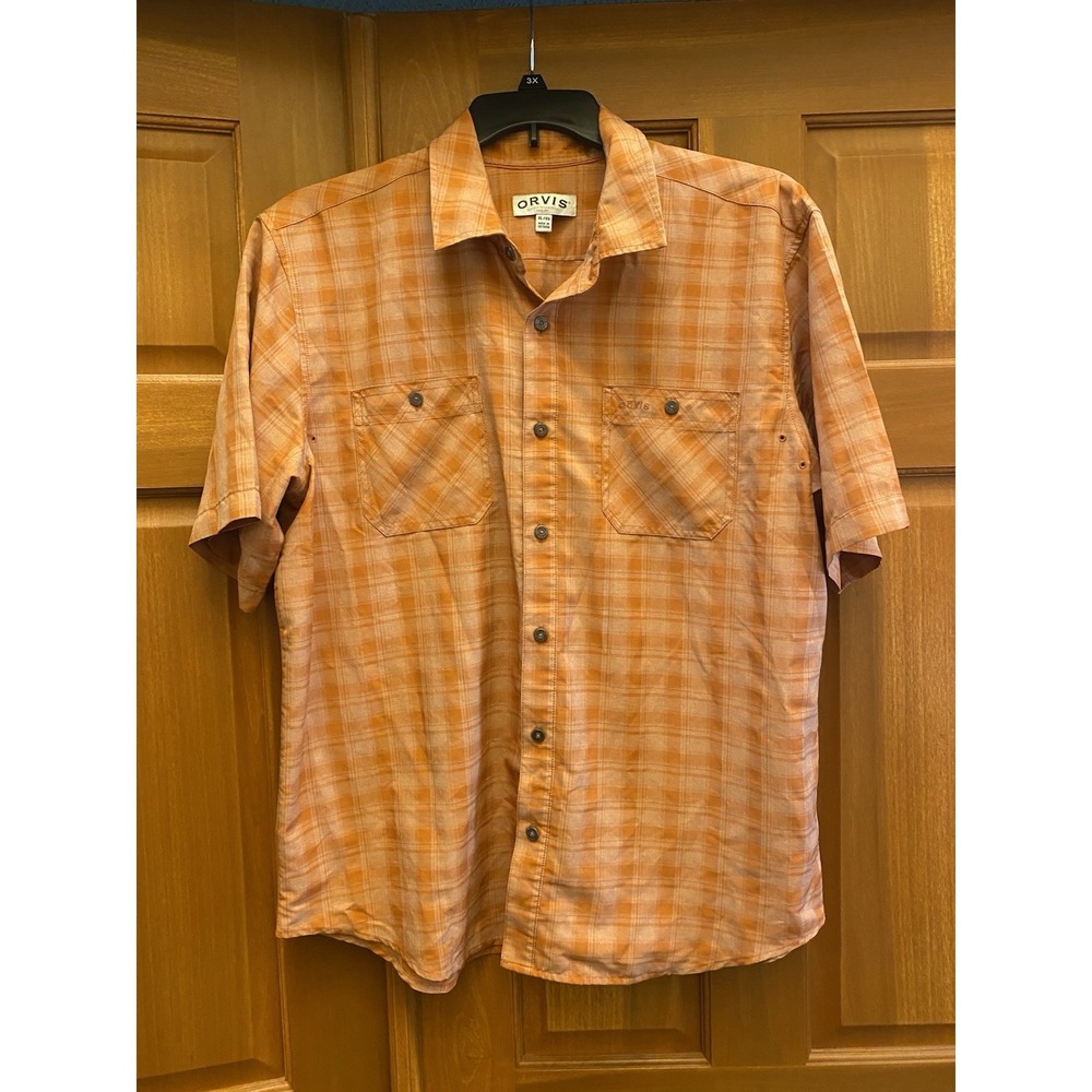 Orvis Mens XL Orange Plaid Short Sleeve Button Down Shirt Lightweight Fishing